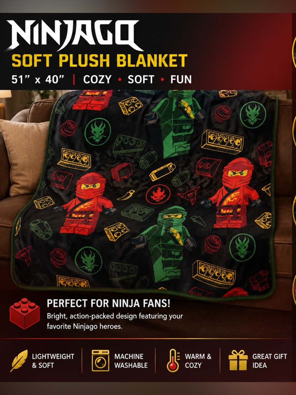 Lego Ninjago Soft Plush Blanket - Black with Red & Green Characters 51”xx40”